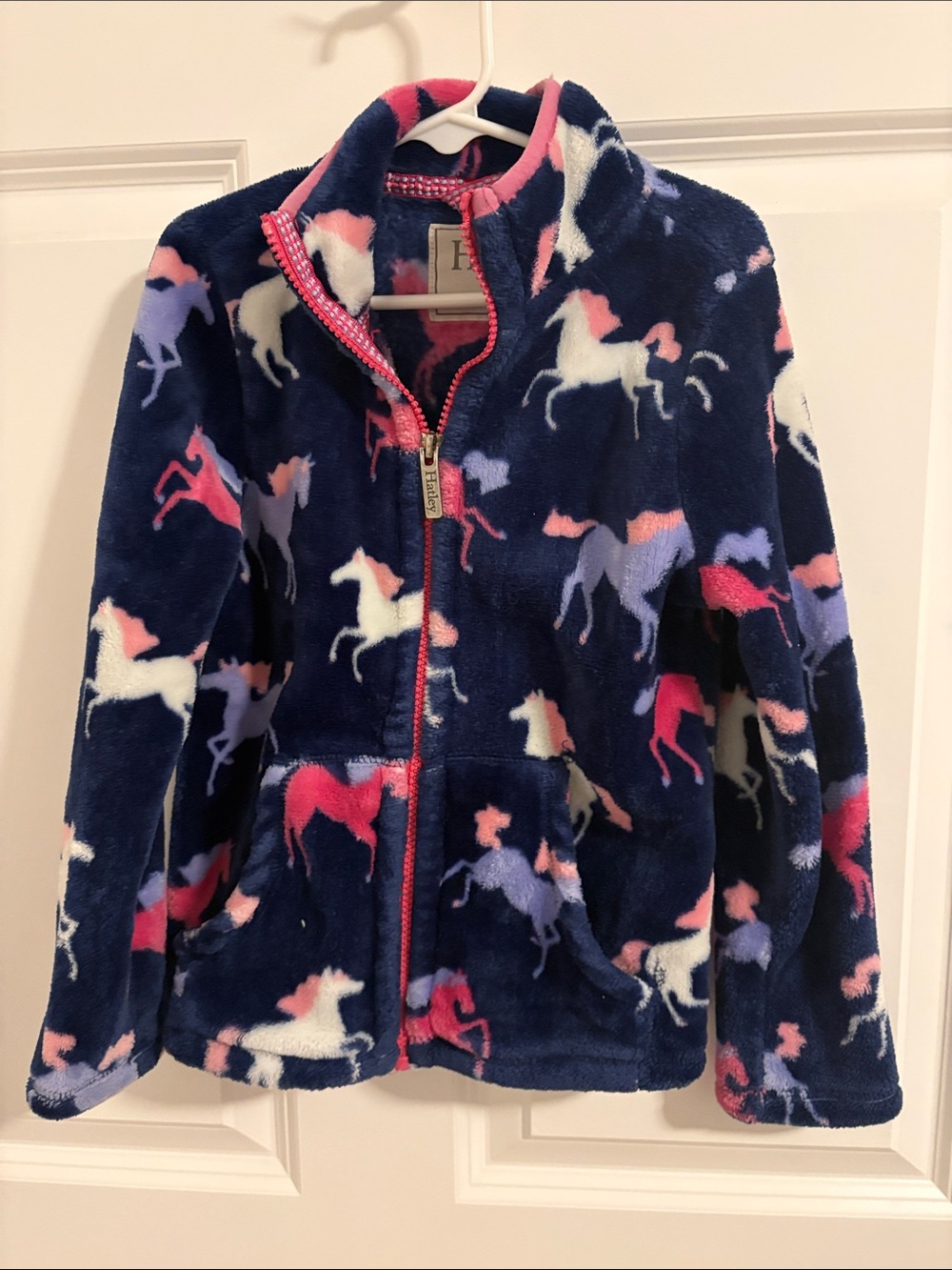 Hatley Navy Fleece Hoodie with Pink, White & Lavender Horses